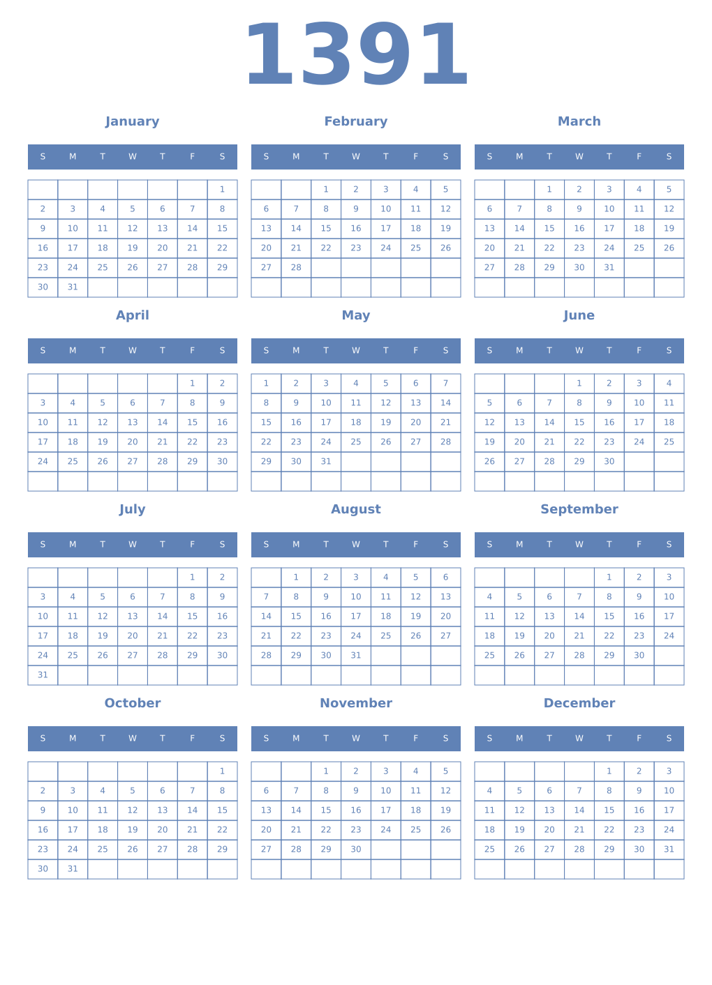 Printable 1391 Year Calendars glaucous