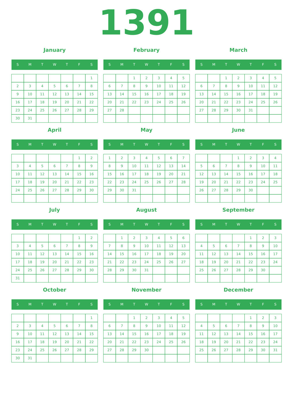 Printable 1391 Year Calendars green