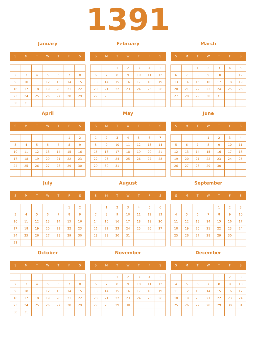 Printable 1391 Year Calendars orange