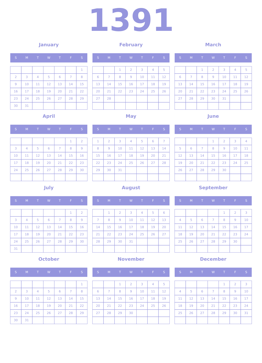 Printable 1391 Year Calendars periwinkle