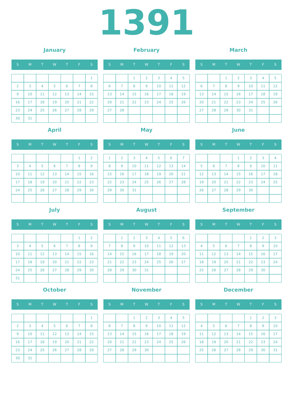 Printable 1391 Year Calendars verdigris