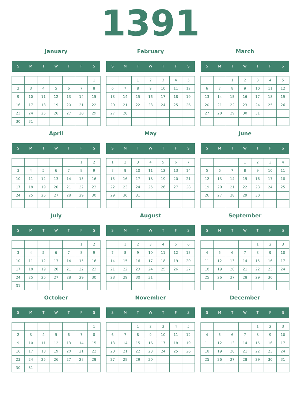 Printable 1391 Year Calendars viridian