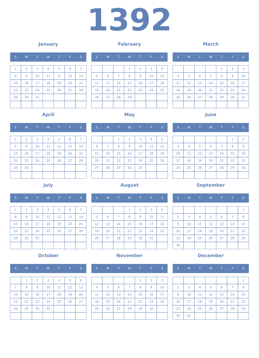 Printable 1392 Year Calendars glaucous