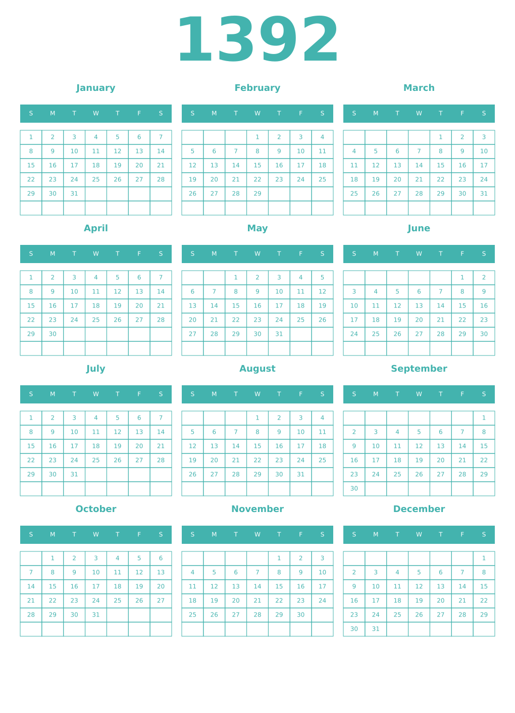 Printable 1392 Year Calendars verdigris