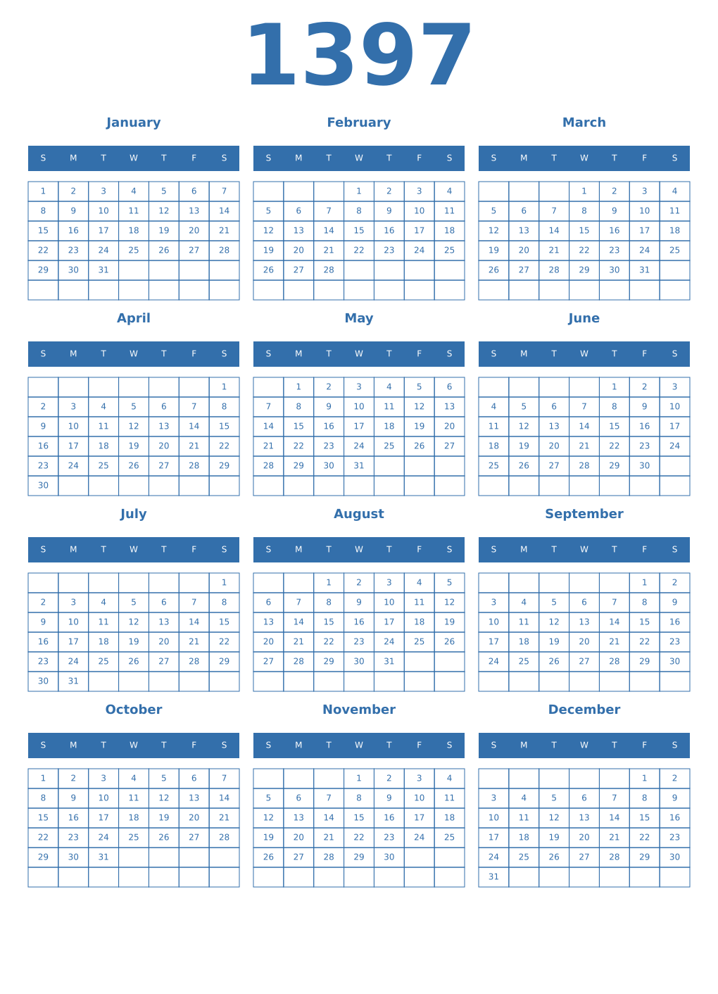 Printable 1397 Year Calendars blue