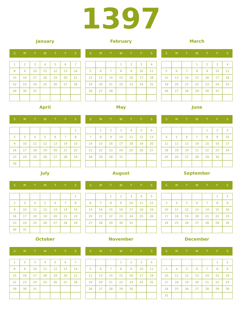 Printable 1397 Year Calendars chartreuse