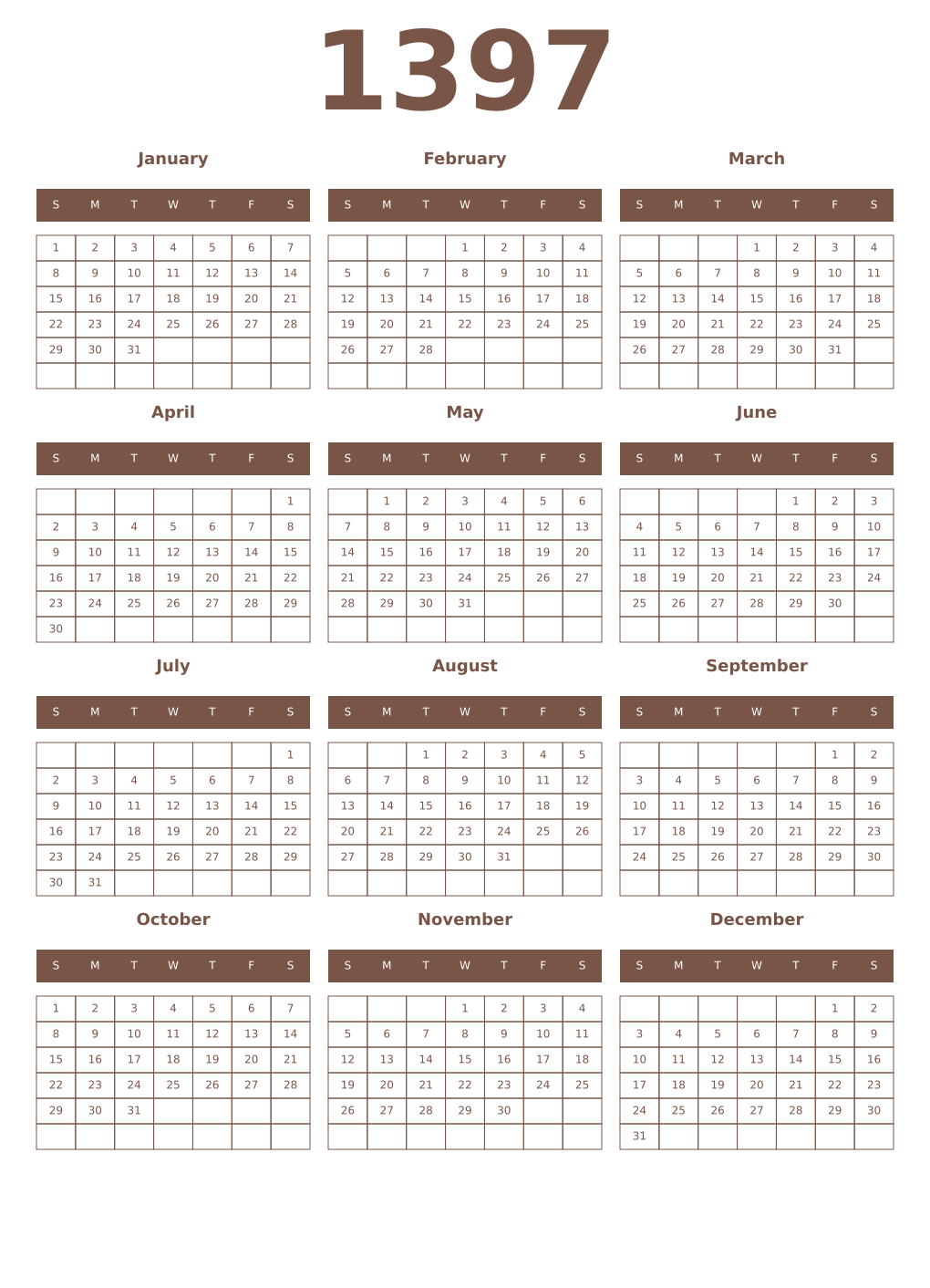 Printable 1397 Year Calendars coffe
