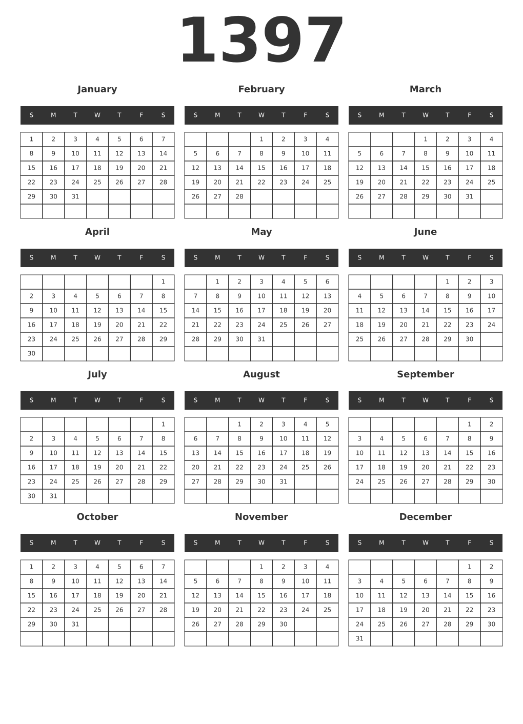 Printable 1397 Year Calendars dark
