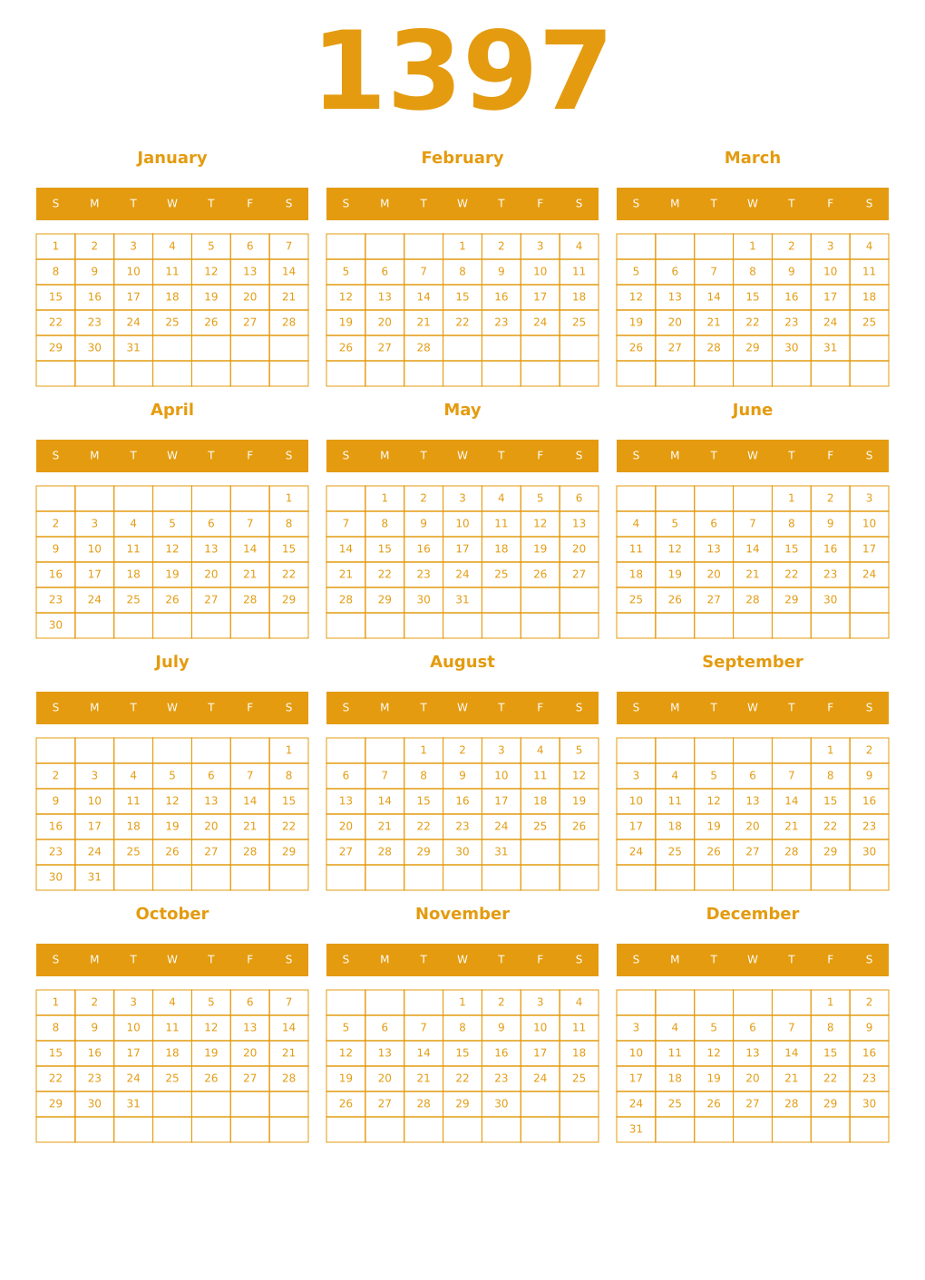 Printable 1397 Year Calendars gamboge