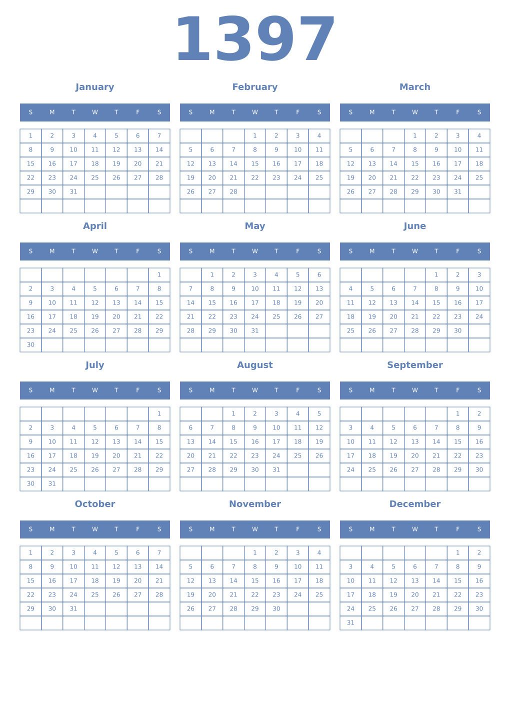 Printable 1397 Year Calendars glaucous