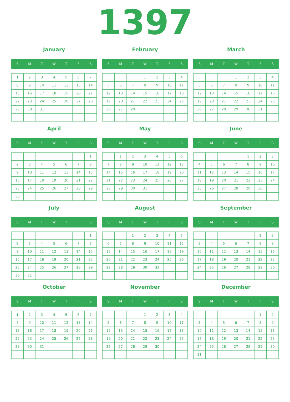 Printable 1397 Year Calendars green