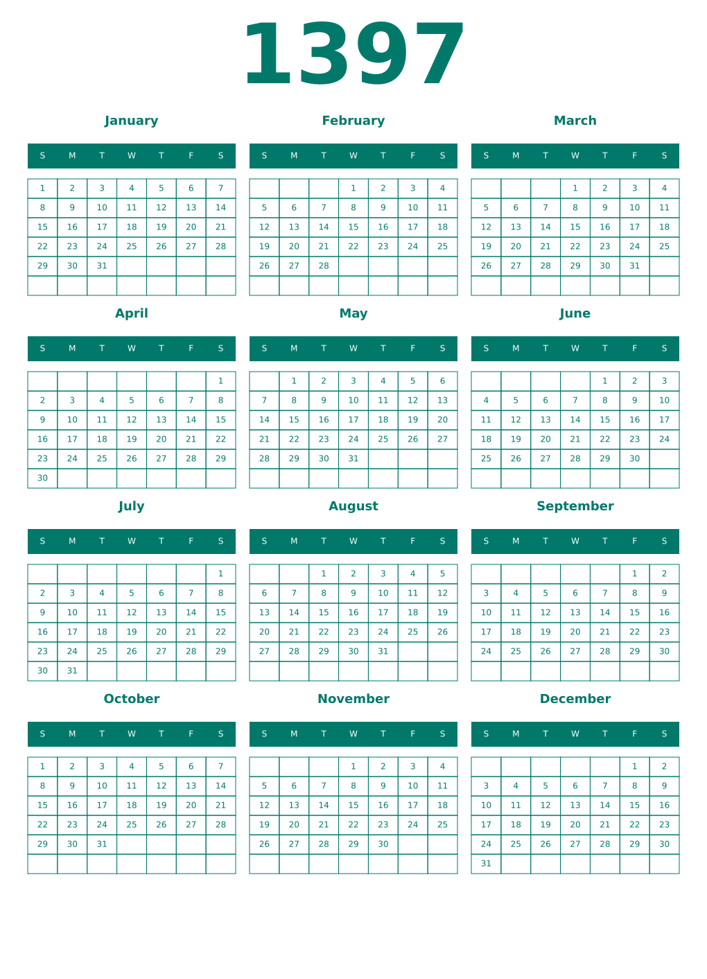 Printable 1397 Year Calendars pastel