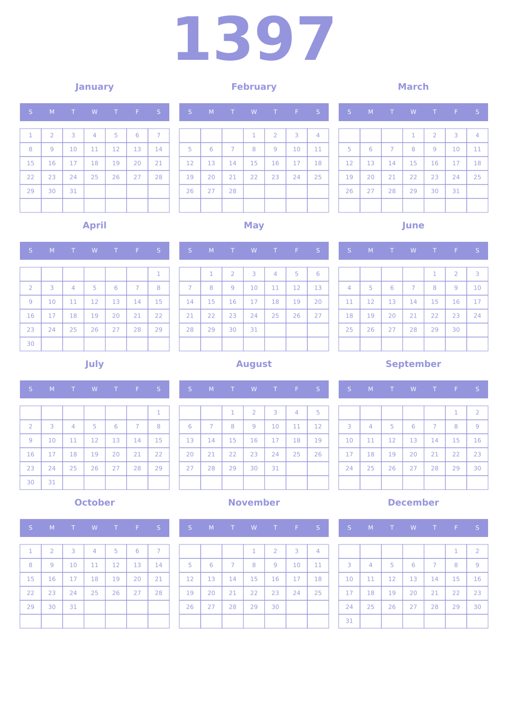 Printable 1397 Year Calendars periwinkle