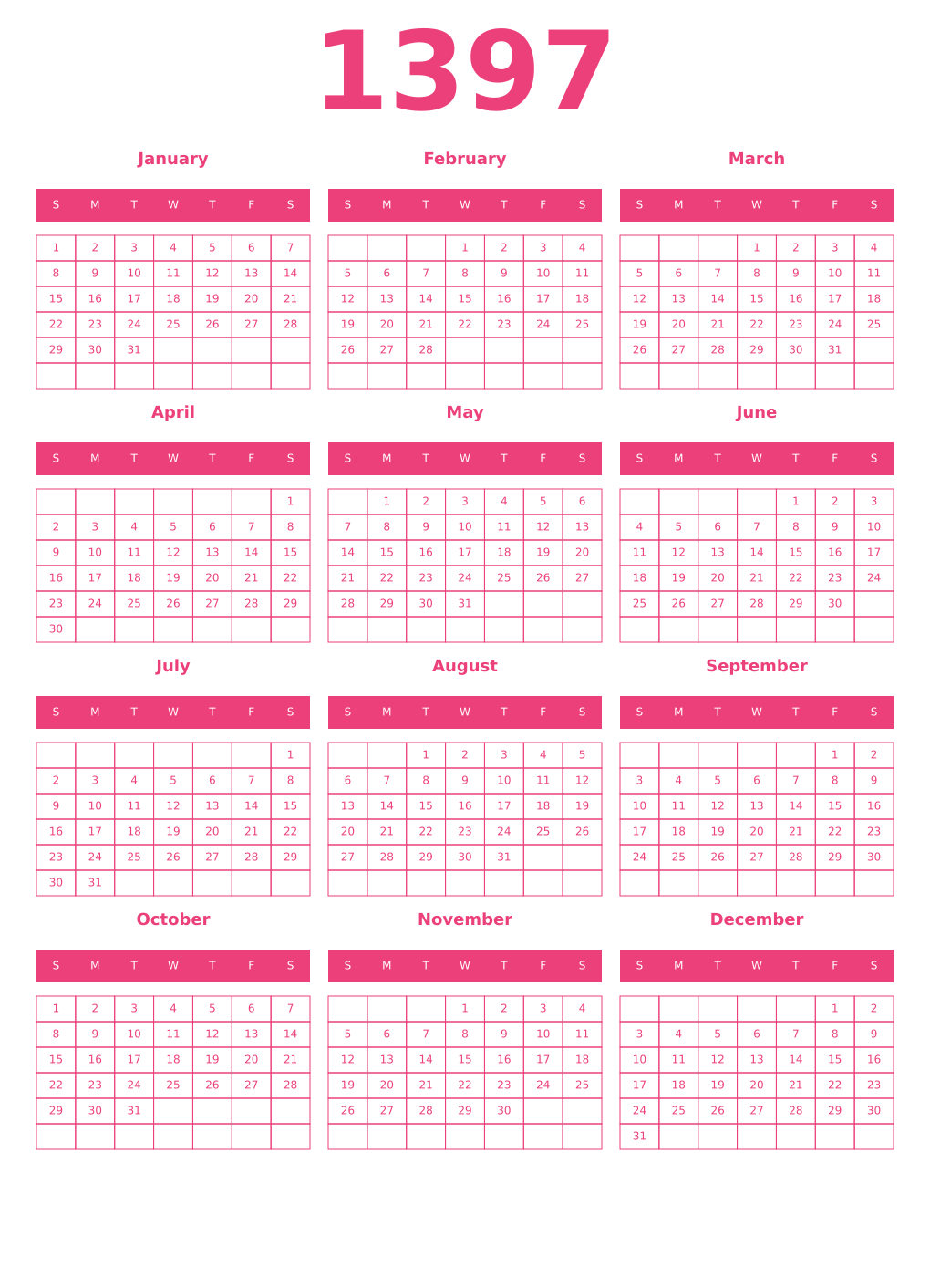 Printable 1397 Year Calendars pink
