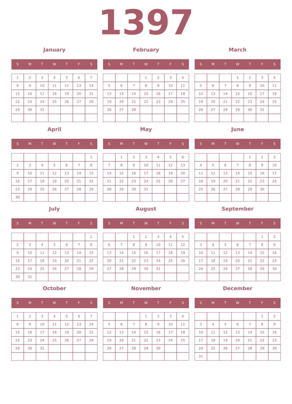 Printable 1397 Year Calendars puce