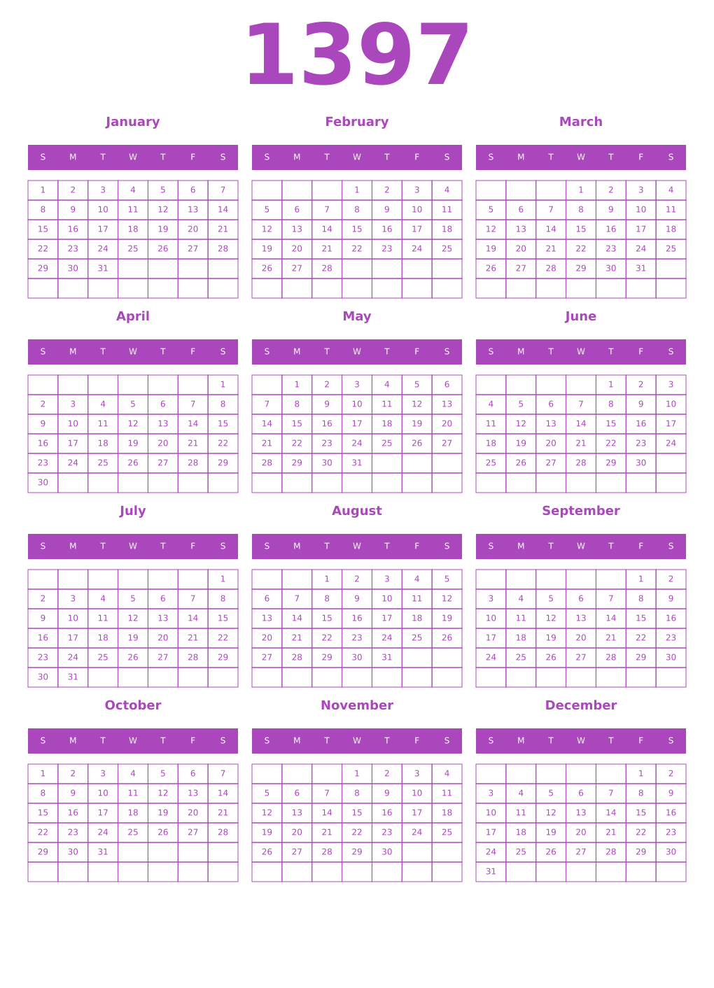 Printable 1397 Year Calendars purple