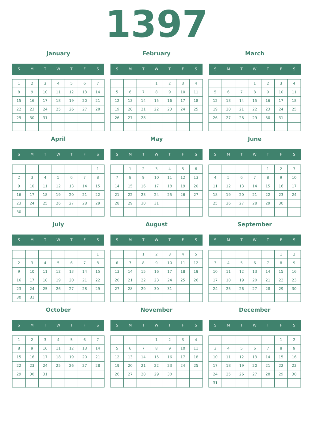 Printable 1397 Year Calendars viridian