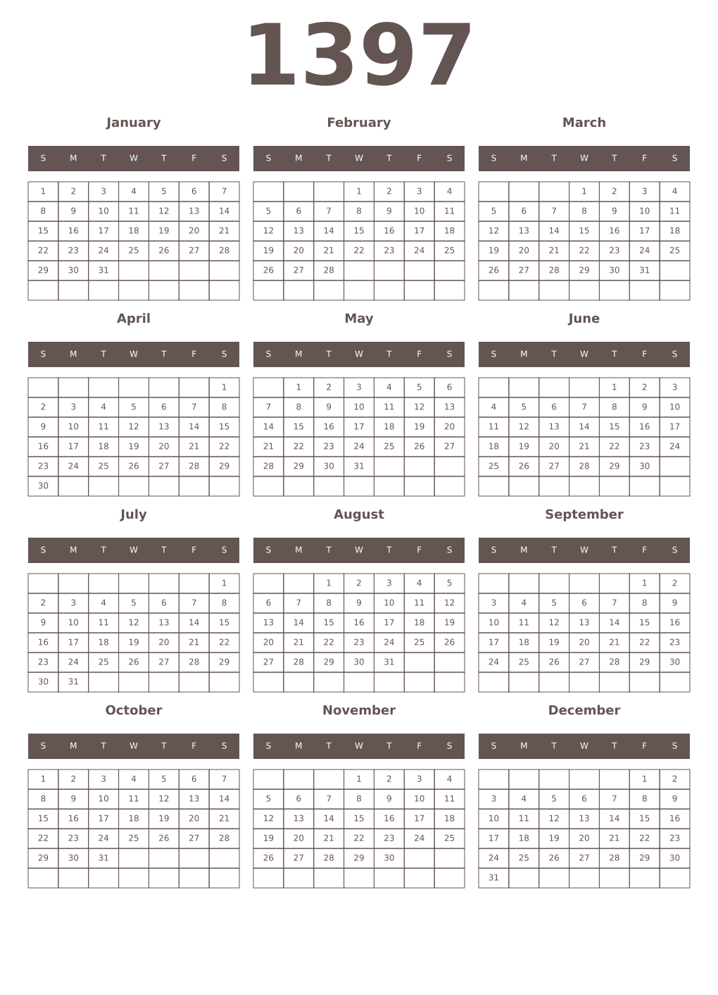 Printable 1397 Year Calendars wenge