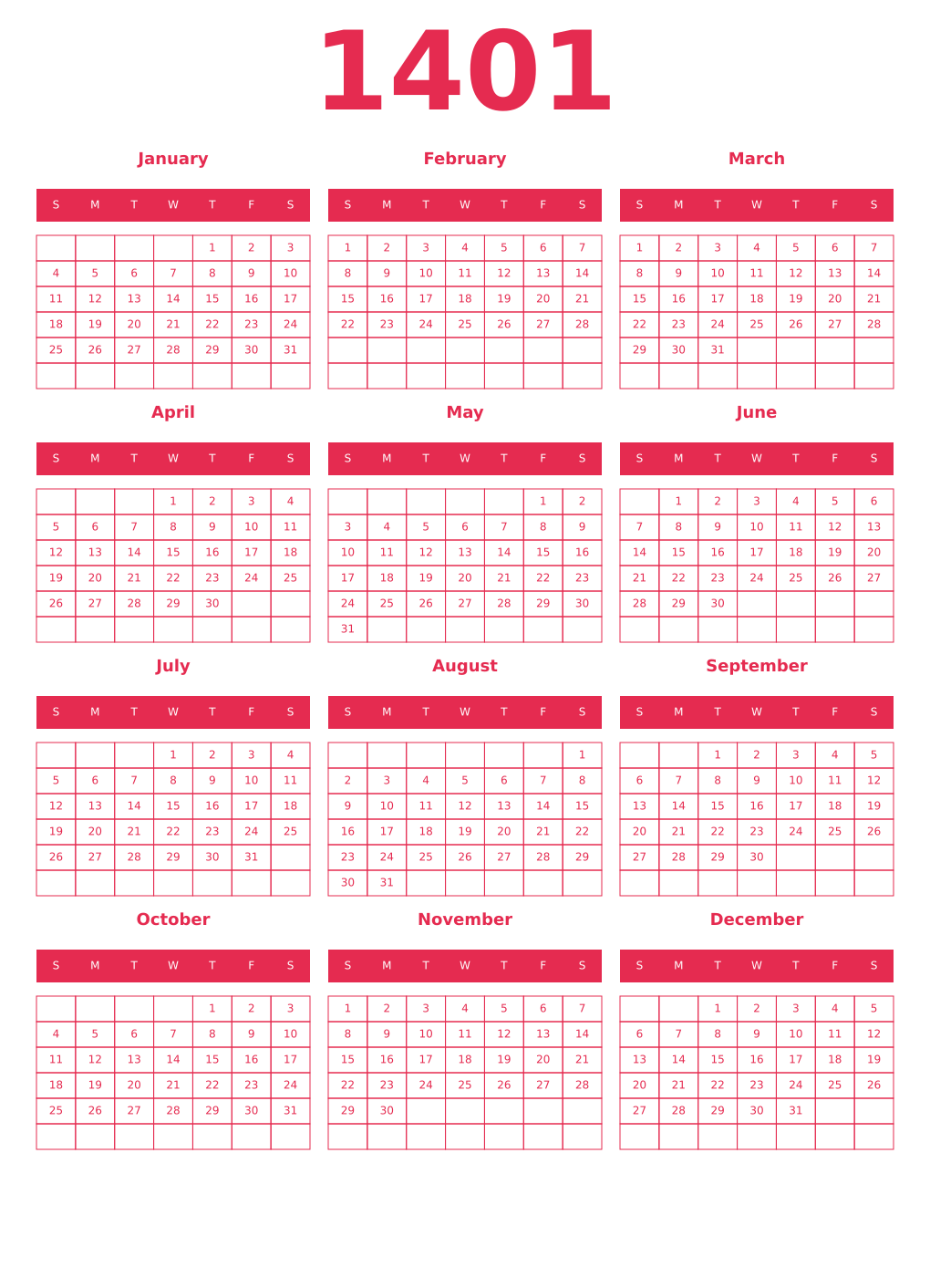 Printable 1401 Year Calendars amaranth