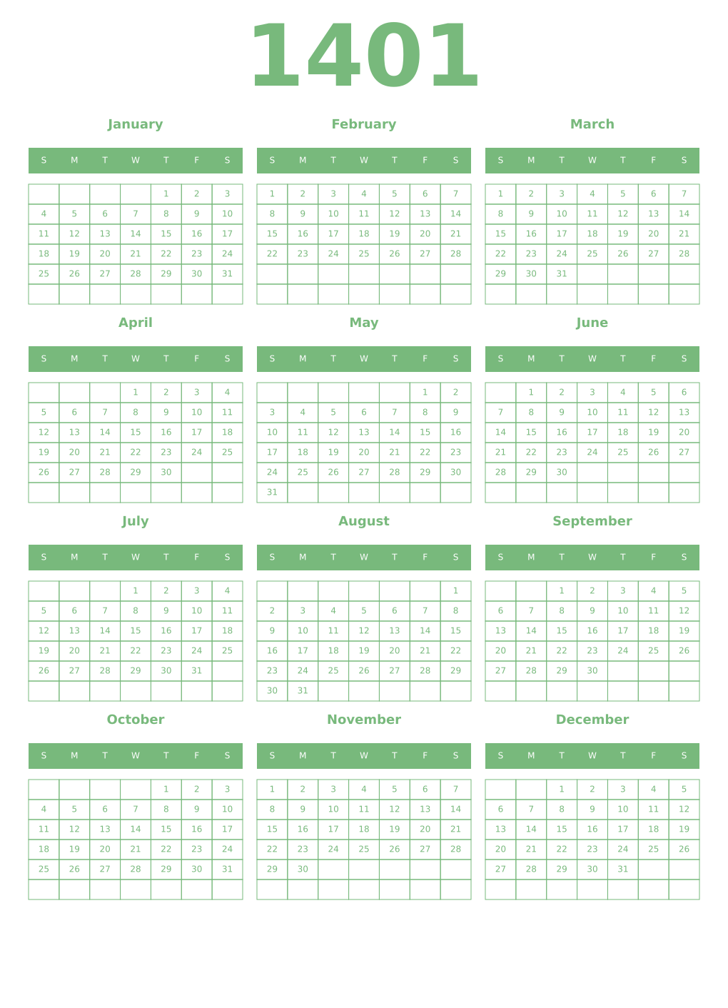 Printable 1401 Year Calendars celadon