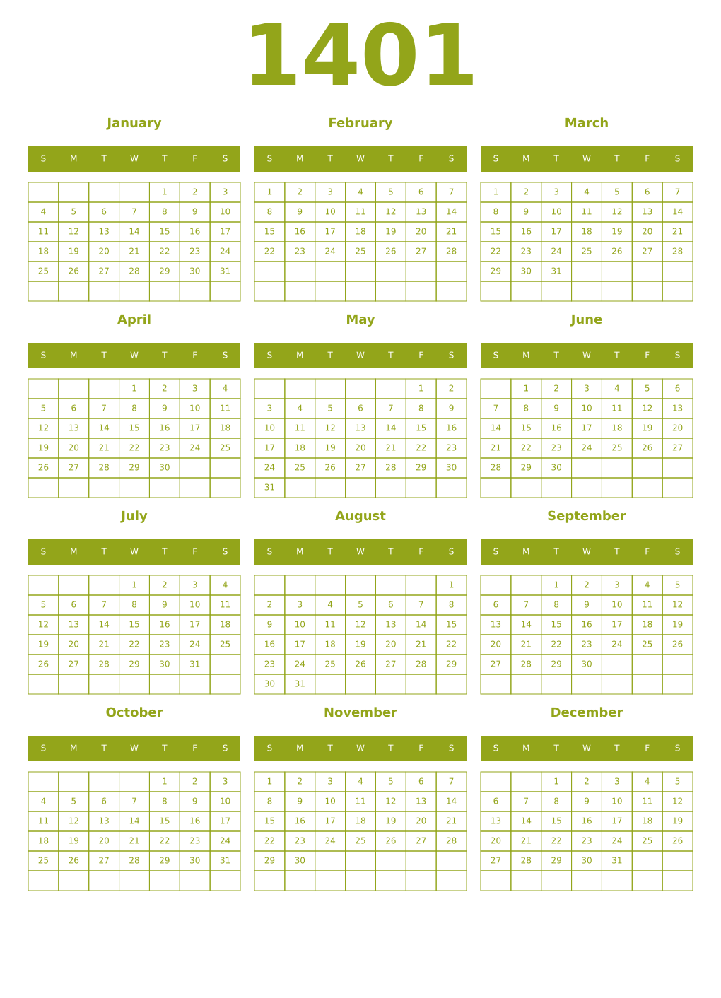 Printable 1401 Year Calendars chartreuse