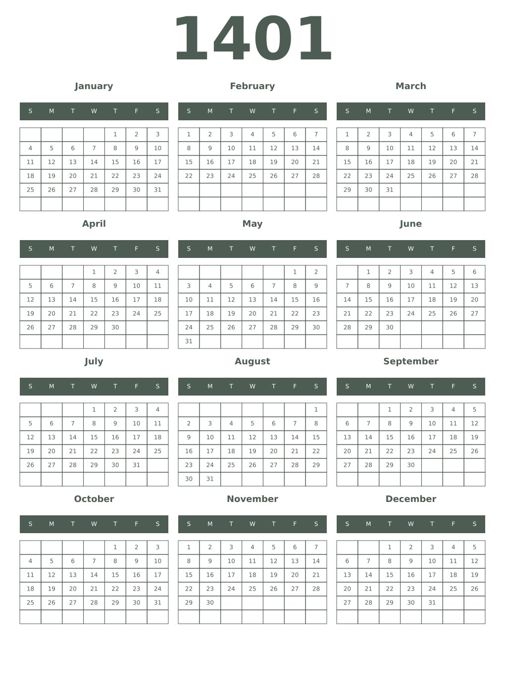 Printable 1401 Year Calendars feldgrau