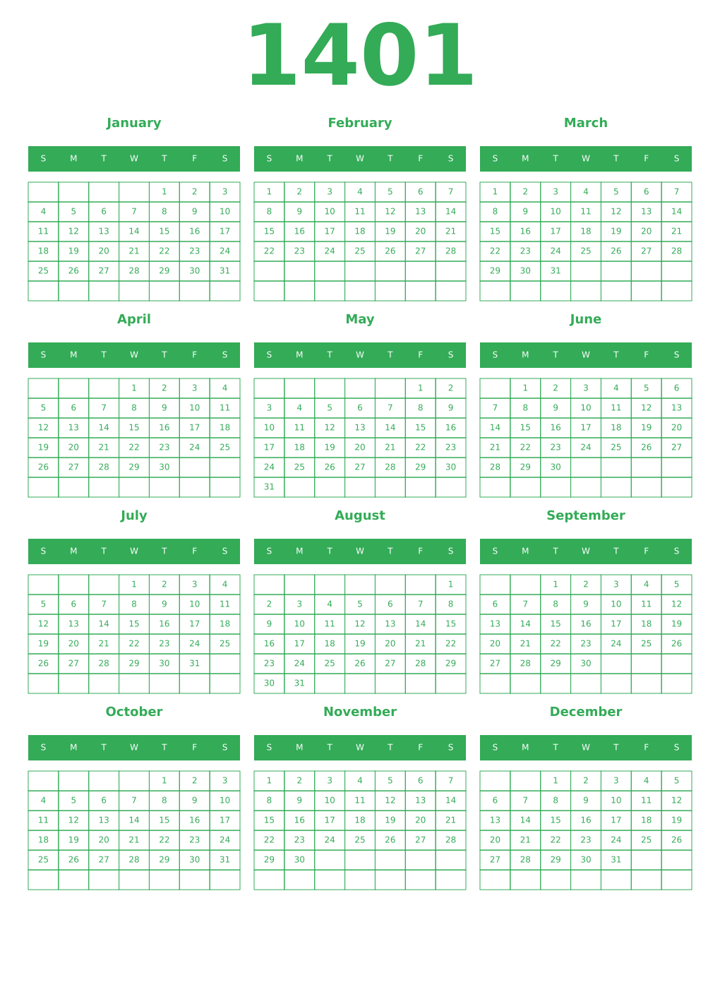 Printable 1401 Year Calendars green