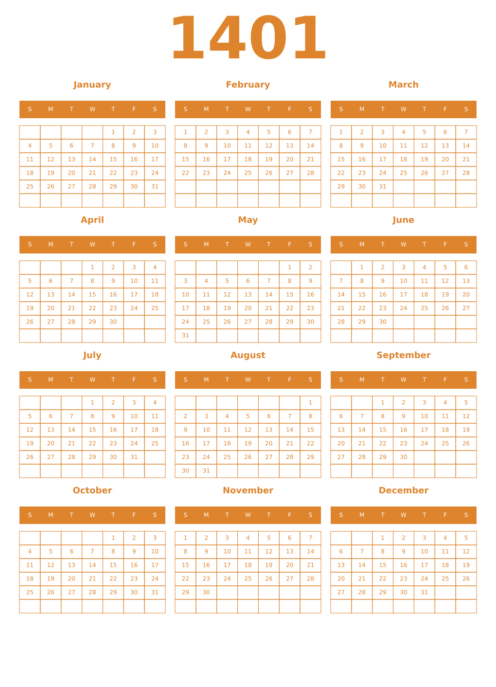 Printable 1401 Year Calendars orange