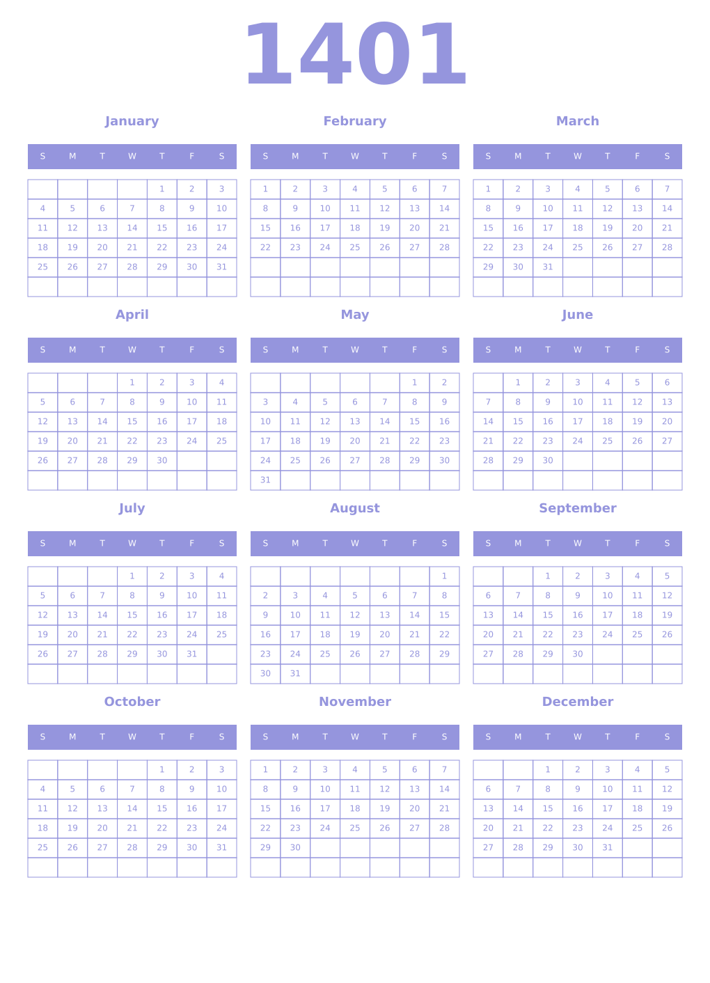 Printable 1401 Year Calendars periwinkle