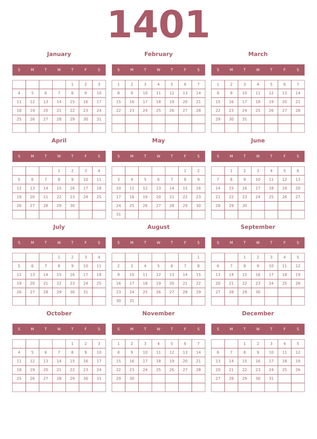 Printable 1401 Year Calendars puce