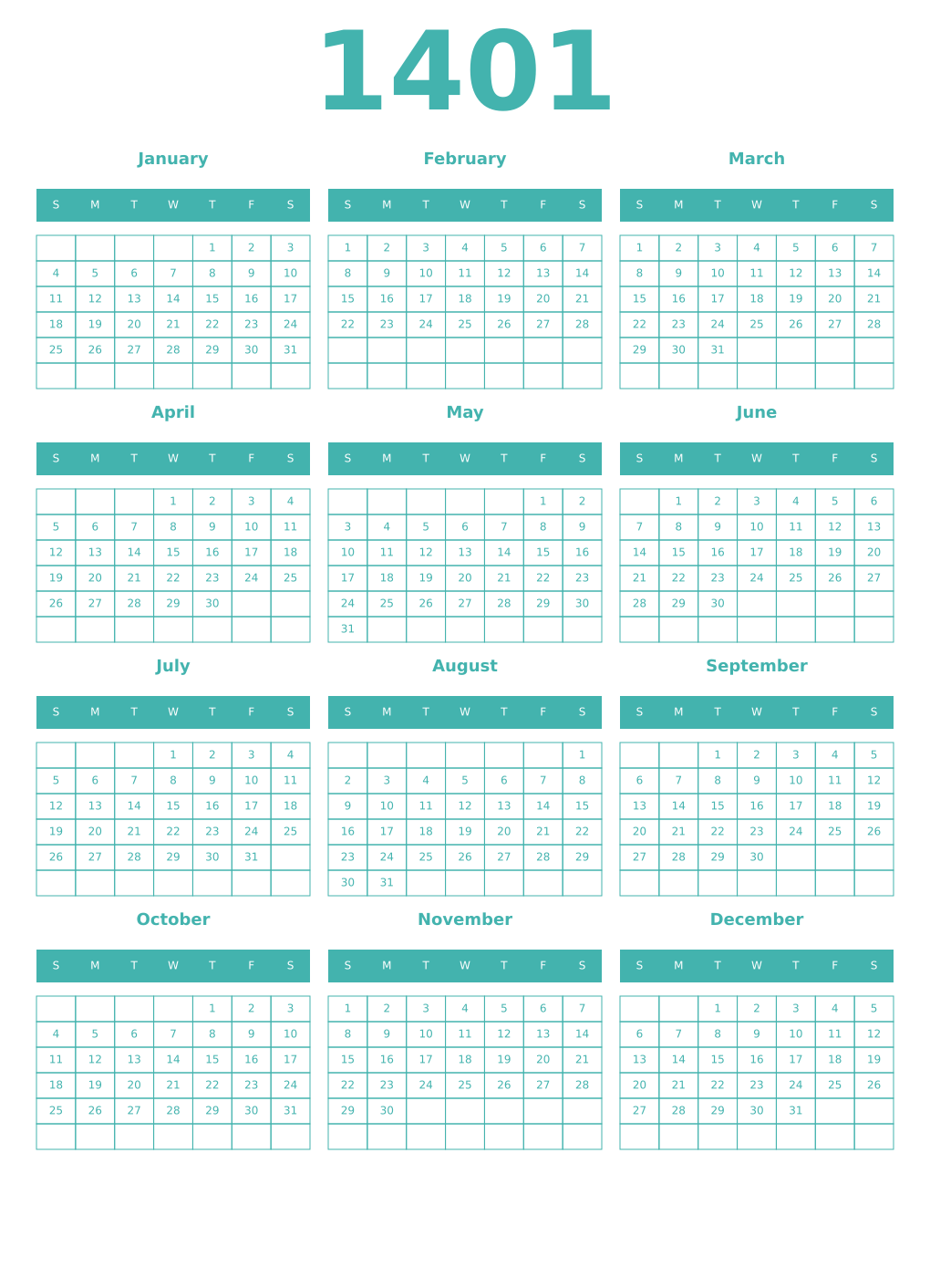 Printable 1401 Year Calendars verdigris