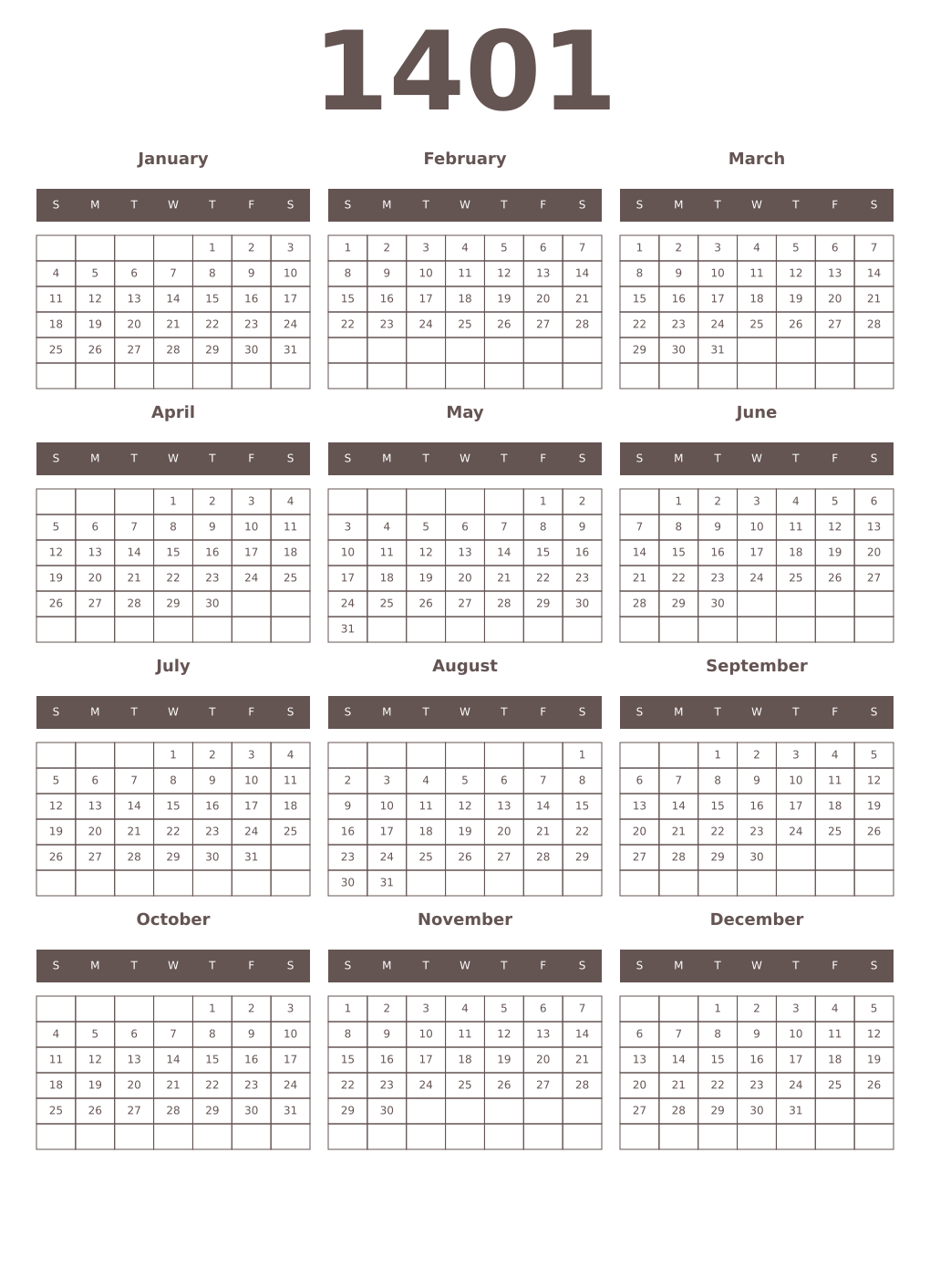 Printable 1401 Year Calendars wenge