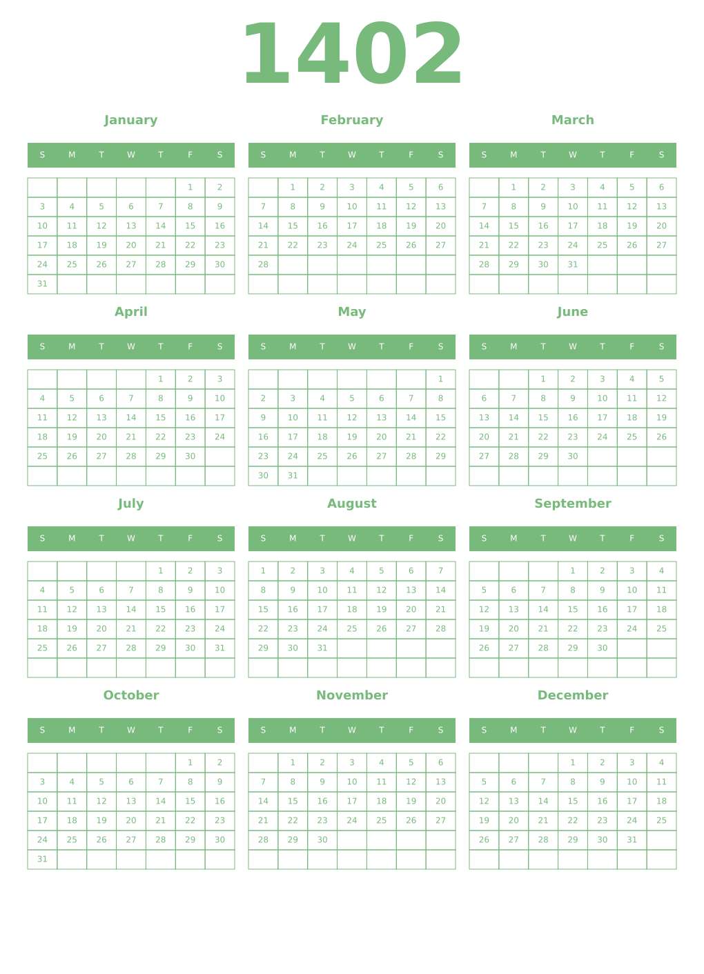 Printable 1402 Year Calendars celadon