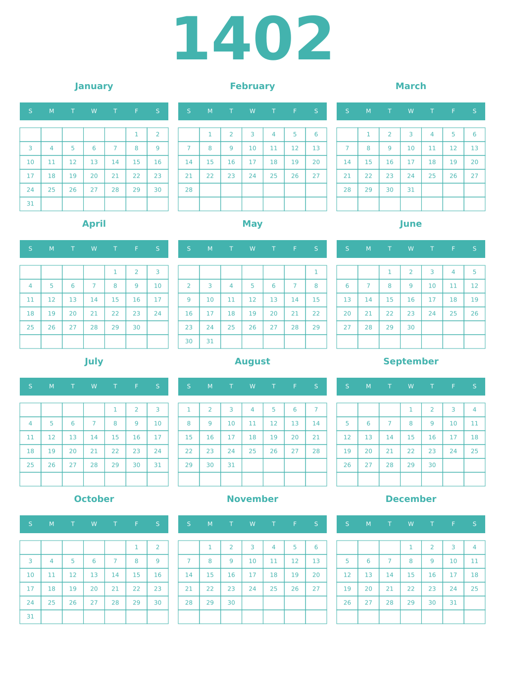 Printable 1402 Year Calendars verdigris