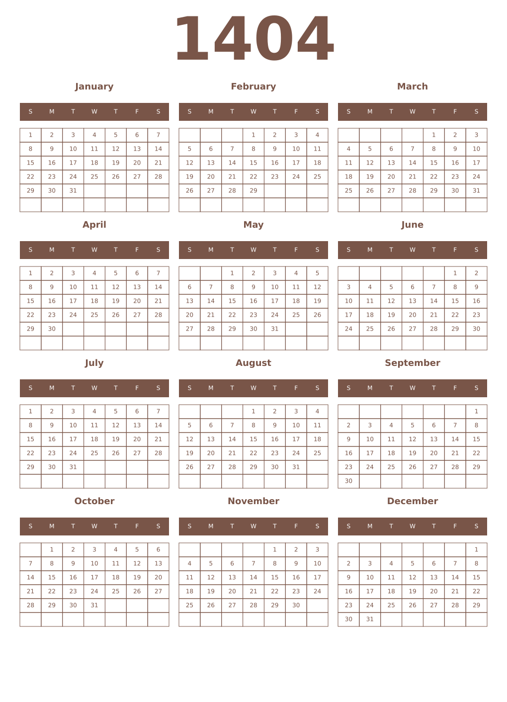 Printable 1404 Year Calendars coffe