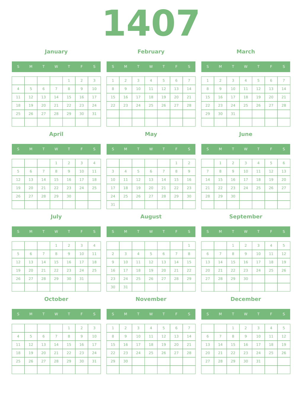 Printable 1407 Year Calendars celadon