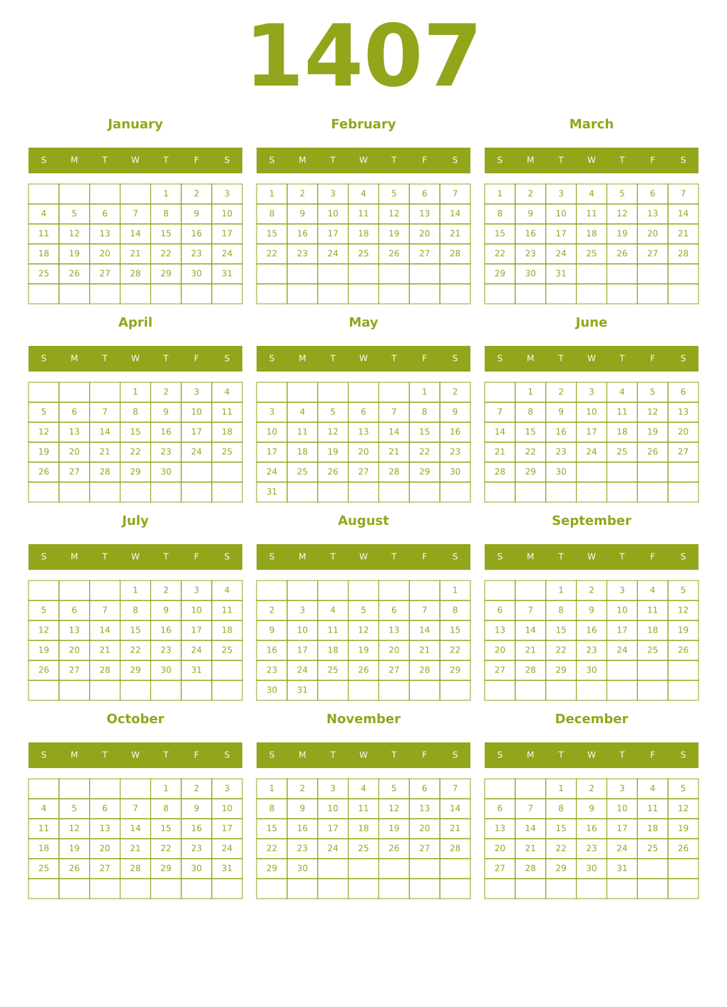 Printable 1407 Year Calendars chartreuse