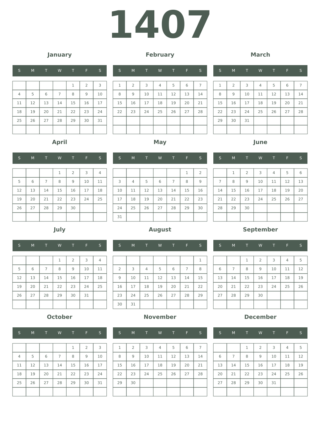 Printable 1407 Year Calendars feldgrau