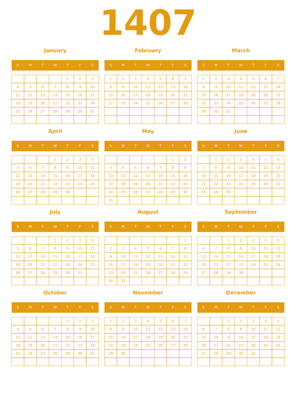 Printable 1407 Year Calendars gamboge
