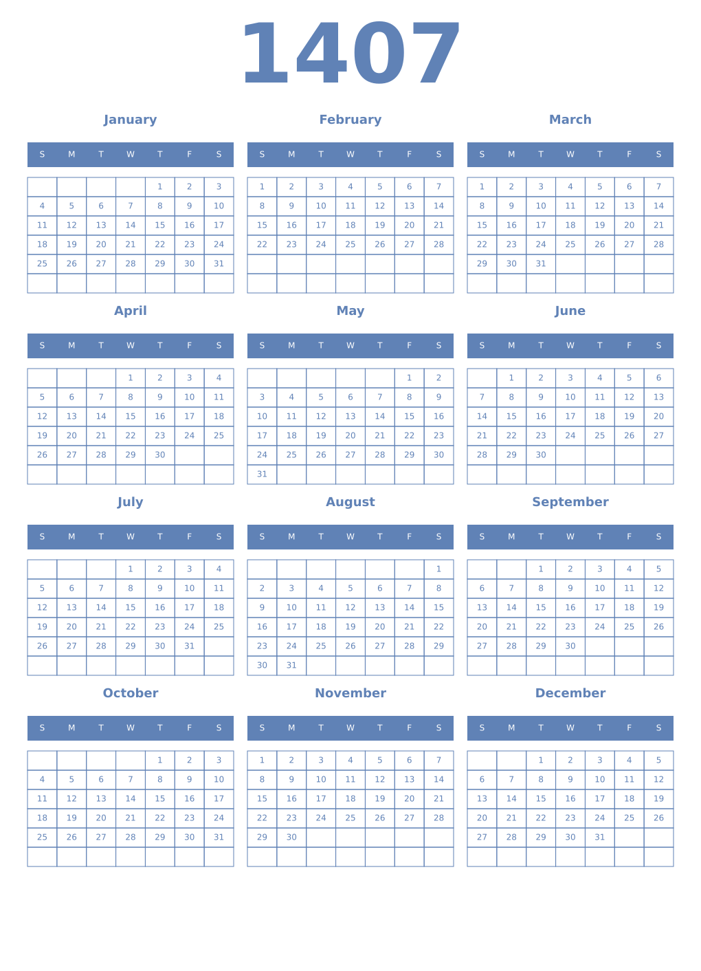 Printable 1407 Year Calendars glaucous