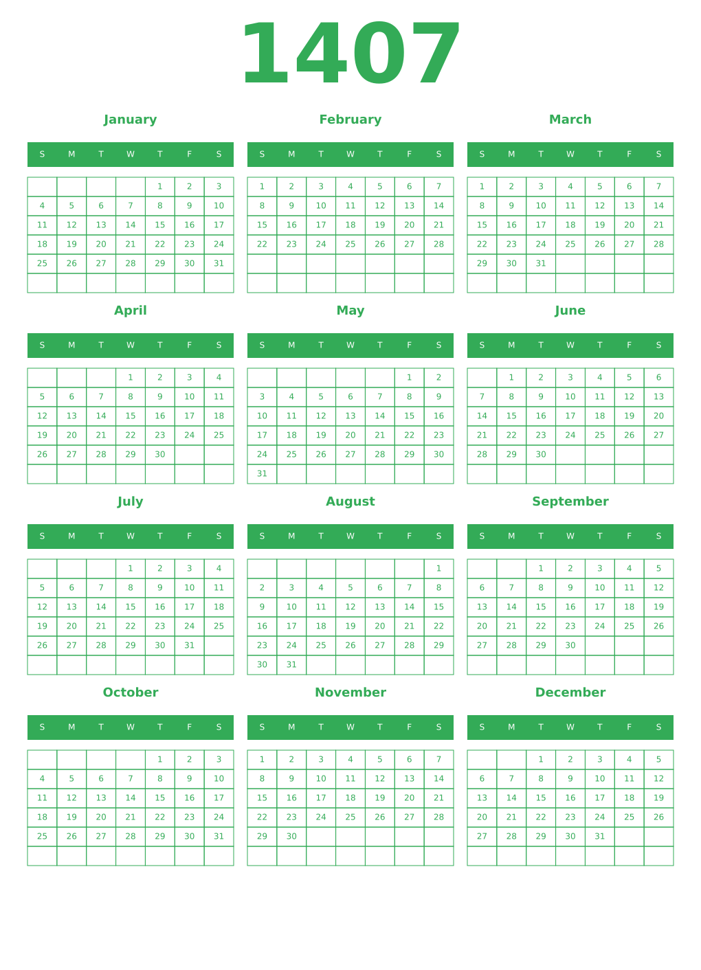 Printable 1407 Year Calendars green