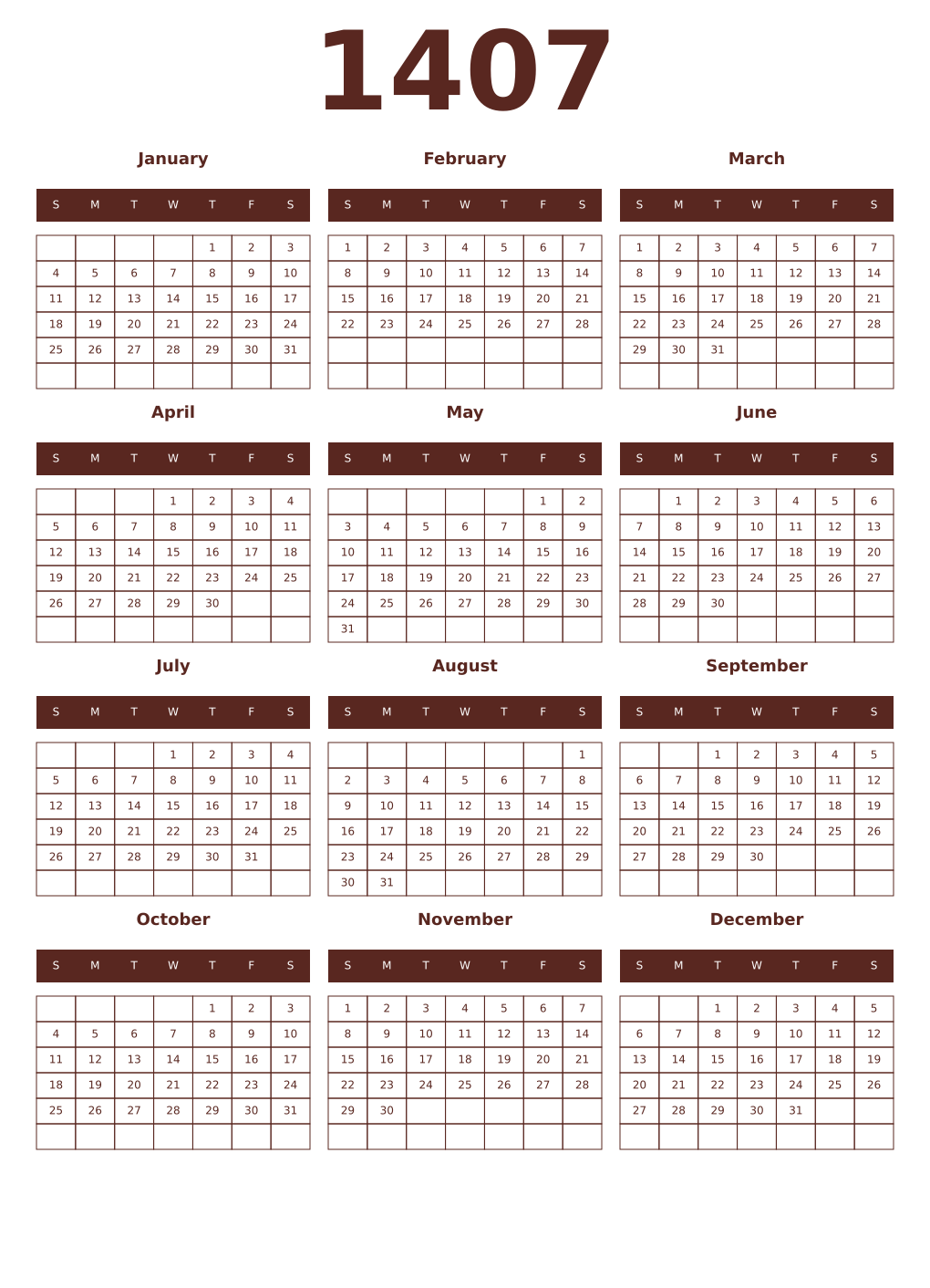 Printable 1407 Year Calendars mortuum