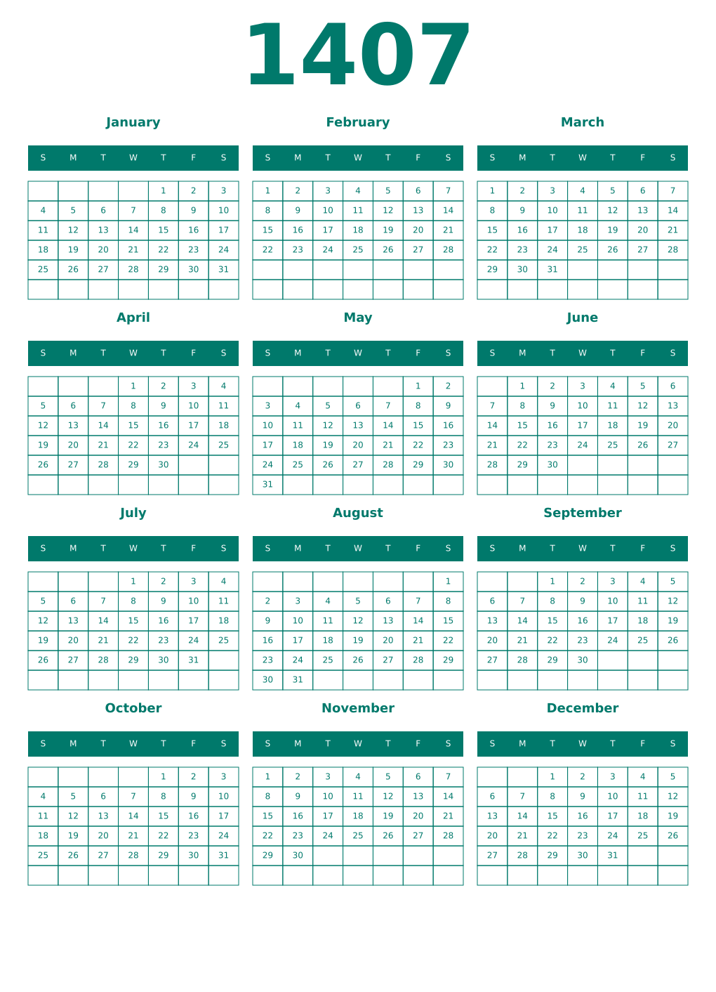 Printable 1407 Year Calendars pastel