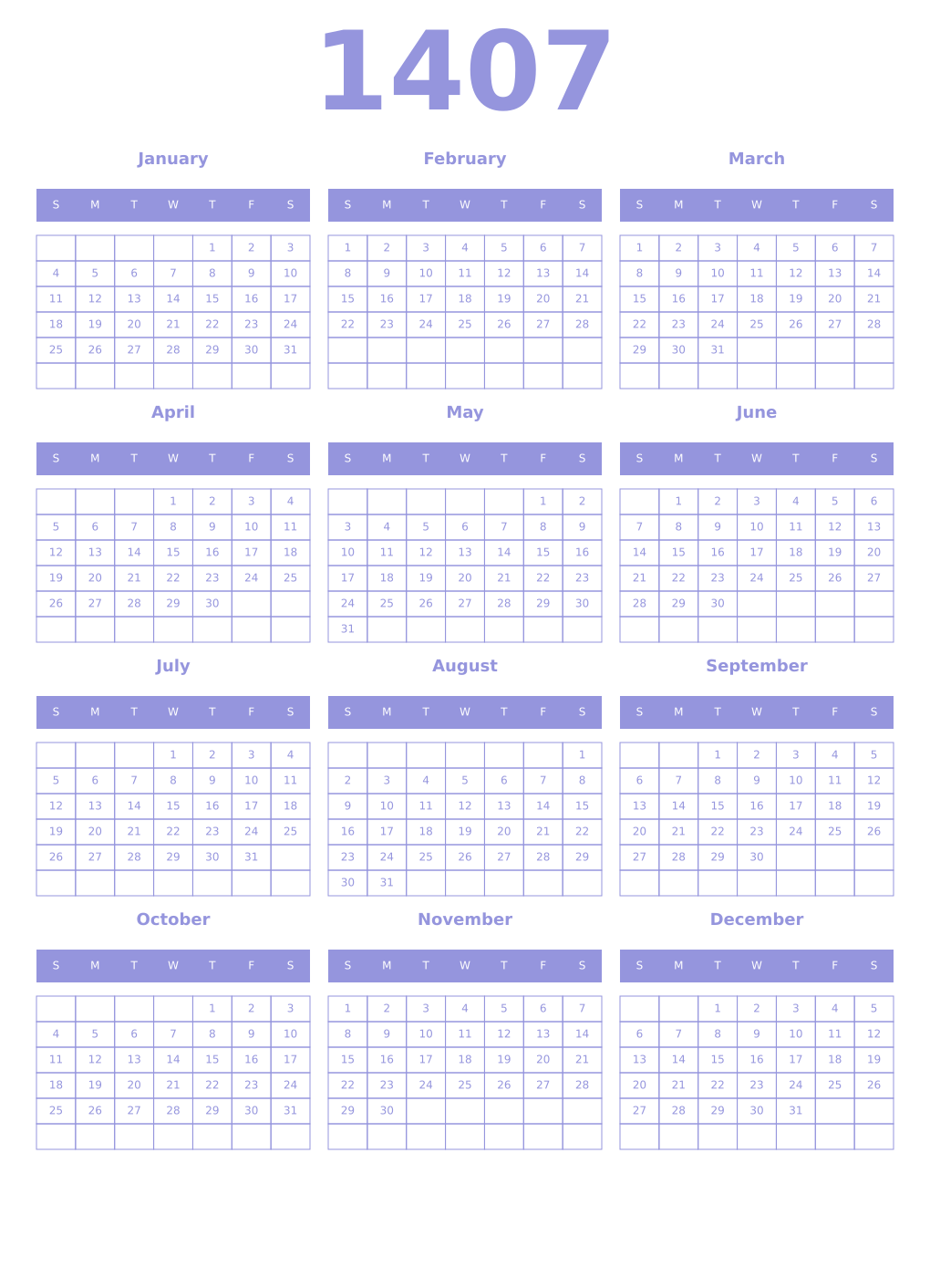 Printable 1407 Year Calendars periwinkle