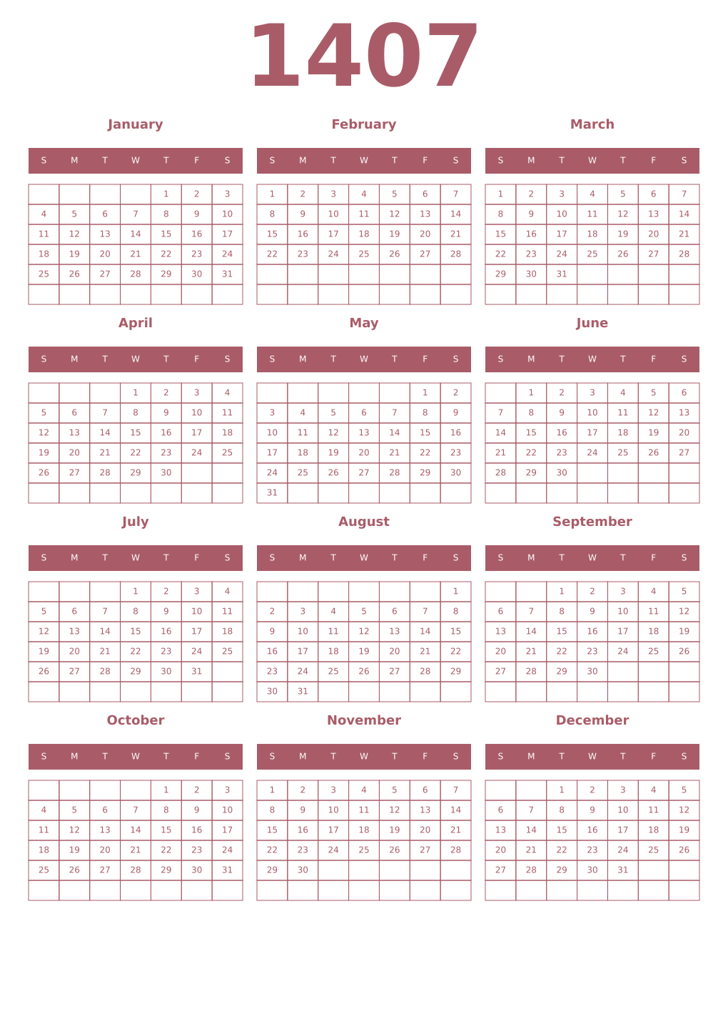 Printable 1407 Year Calendars puce