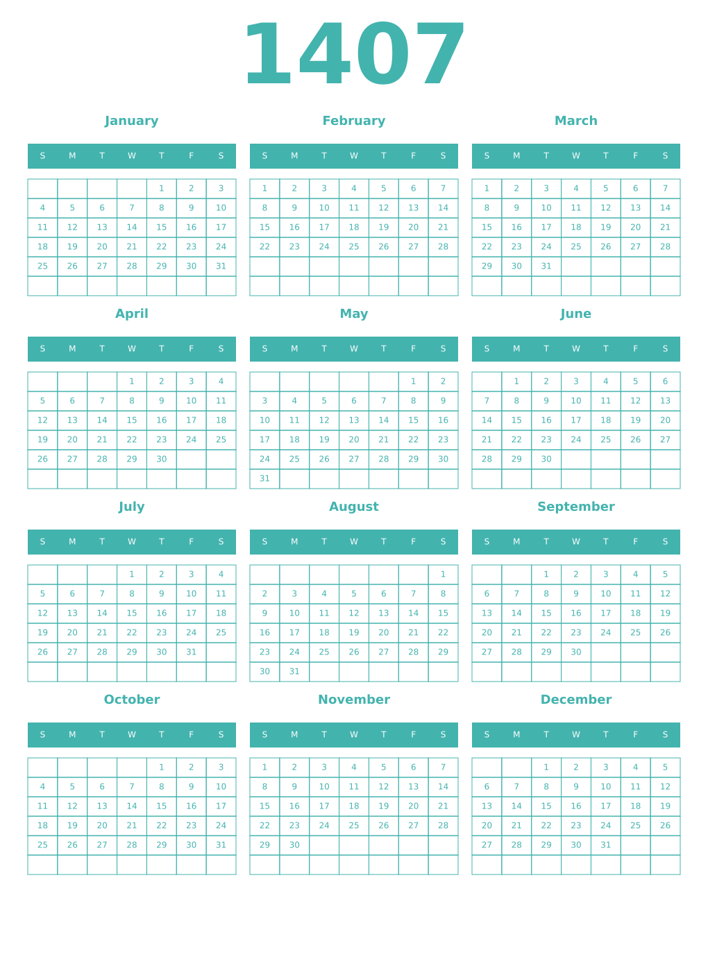 Printable 1407 Year Calendars verdigris