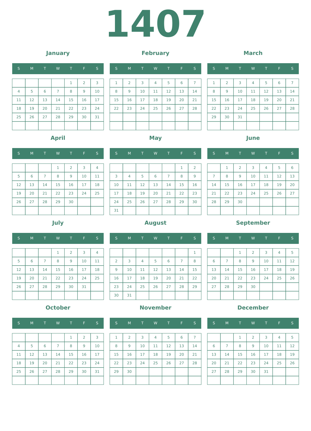 Printable 1407 Year Calendars viridian