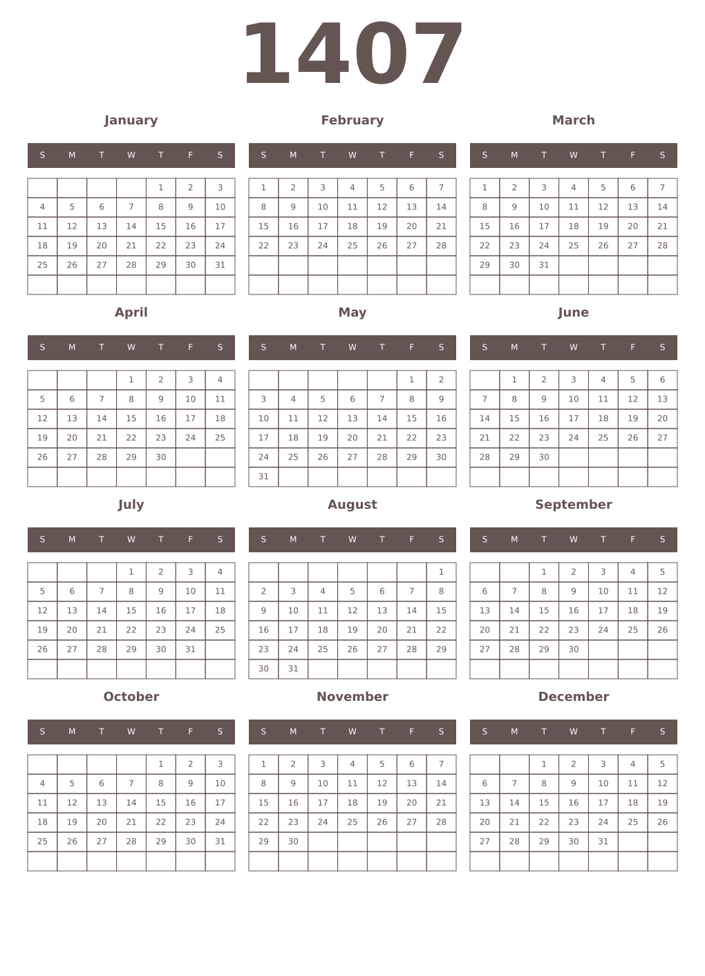 Printable 1407 Year Calendars wenge