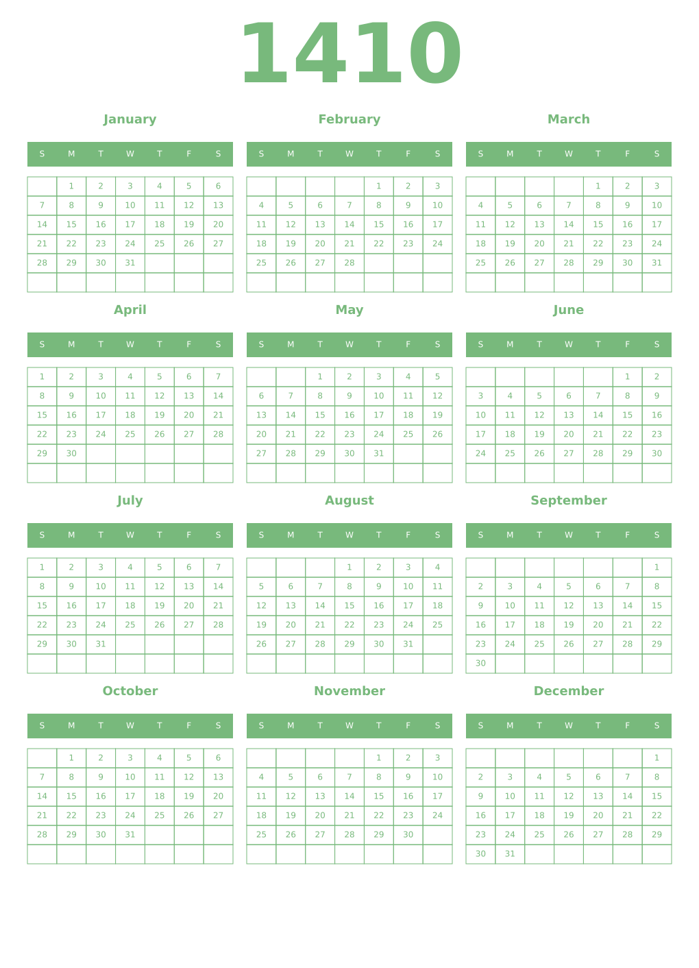 Printable 1410 Year Calendars celadon