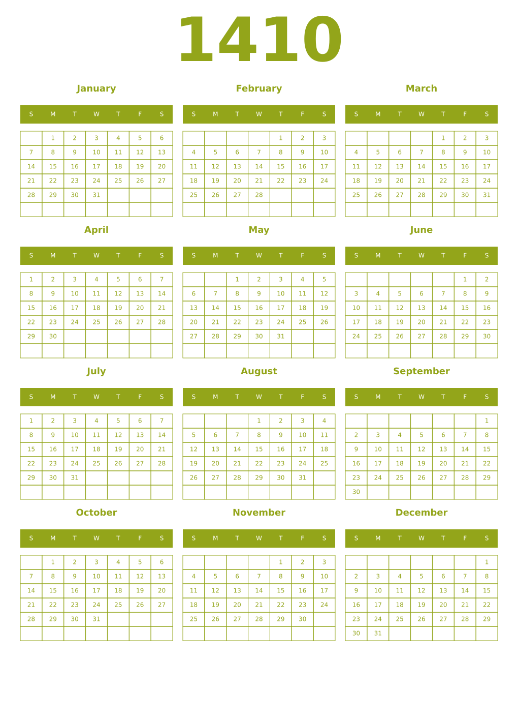 Printable 1410 Year Calendars chartreuse